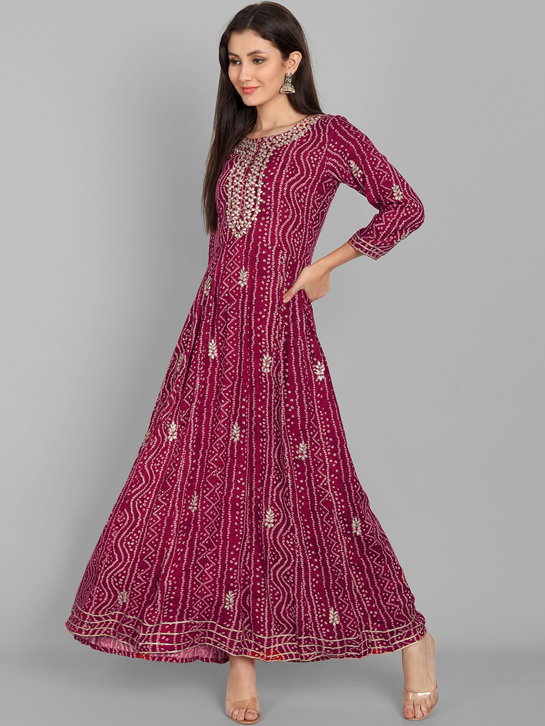 

Pakiza Women Maroon Leheriya Printed Anarkali Kurta