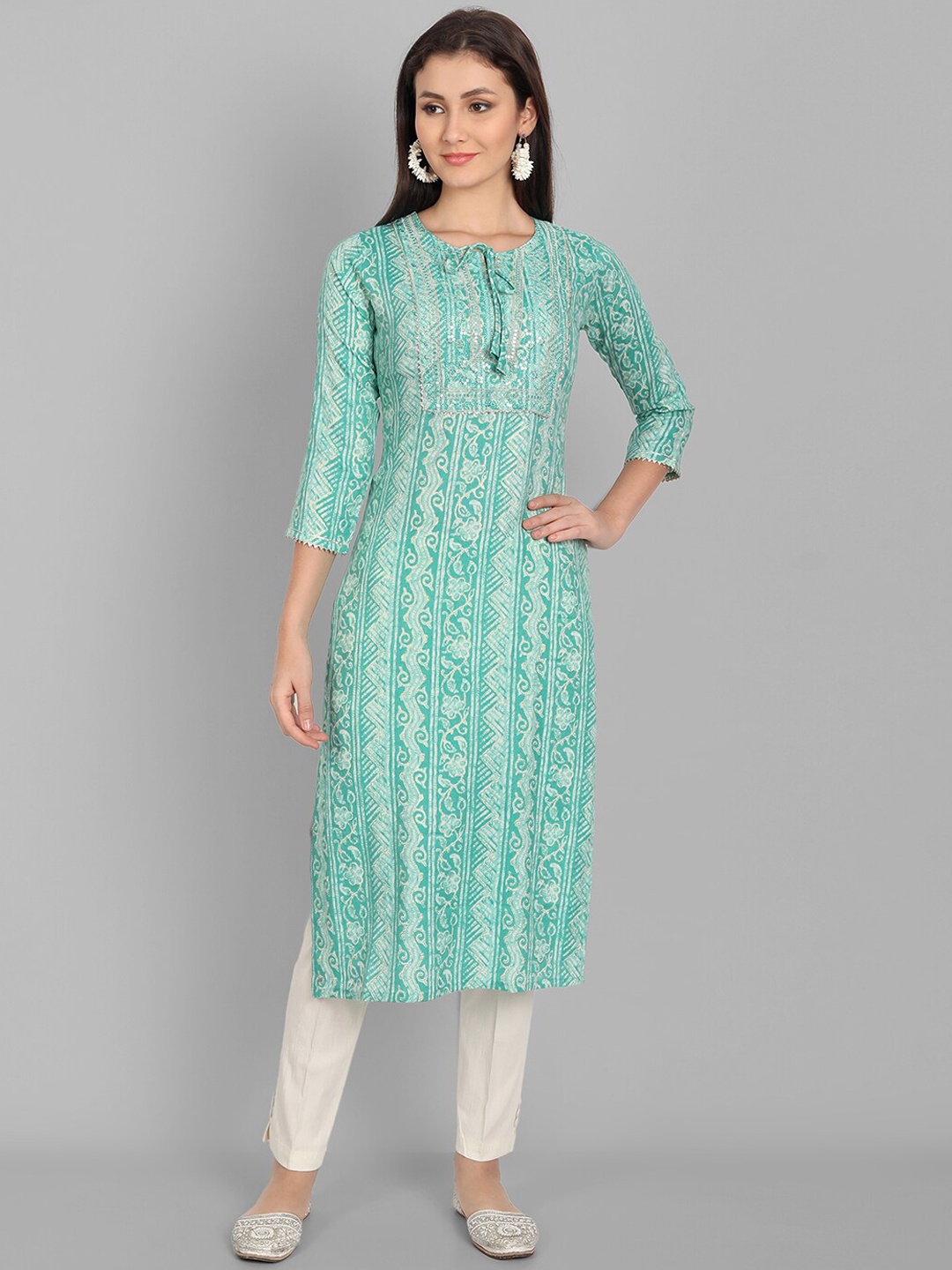 

Pakiza Women Turquoise Blue Geometric Printed Cold-Shoulder Sleeves Kurta