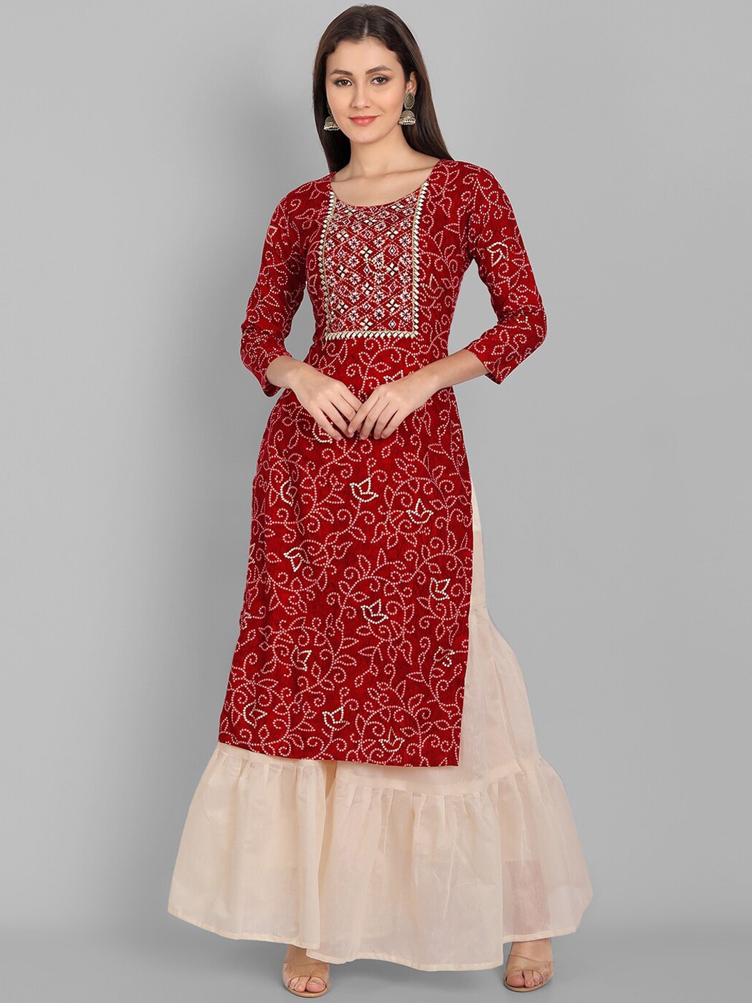 

Pakiza Women Red Ethnic Motifs Printed Gotta Patti Kurta
