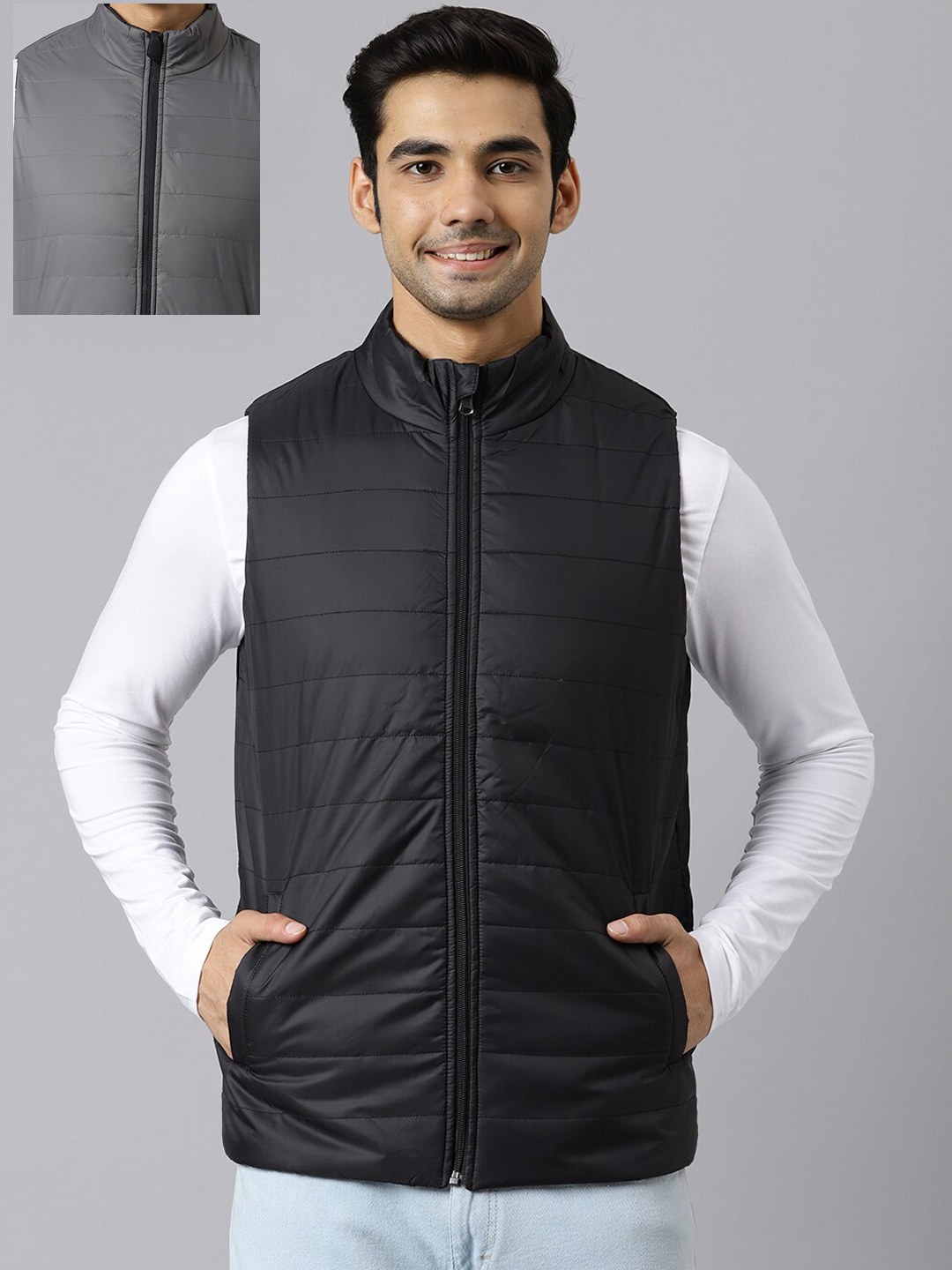 

BESIMPLE Men Black Grey Striped Reversible Padded Jacket