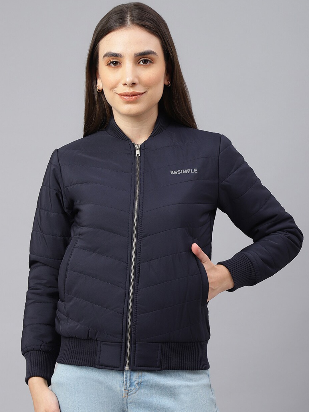 

BESIMPLE Women Striped Puffer Jacket, Navy blue