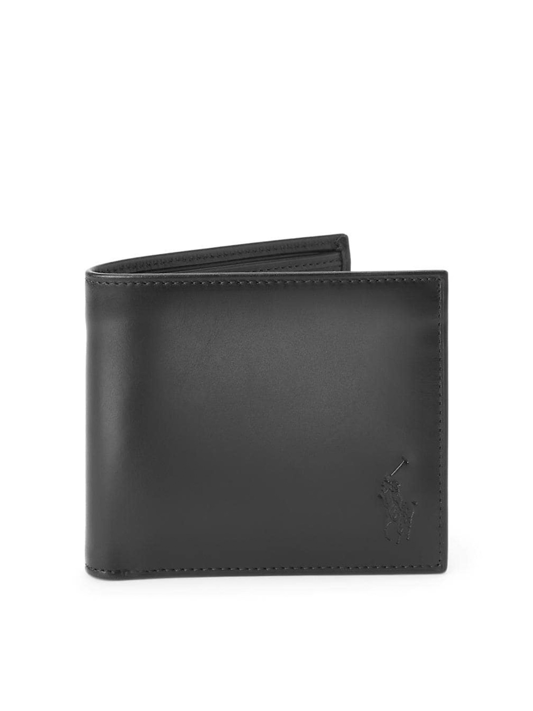 

Polo Ralph Lauren Men Black & White Solid Signature Pony Leather Two Fold Wallet
