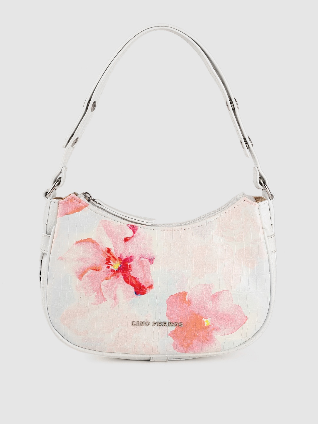 

Lino Perros White & Peach-Coloured Floral Printed Structured Baguette Bag