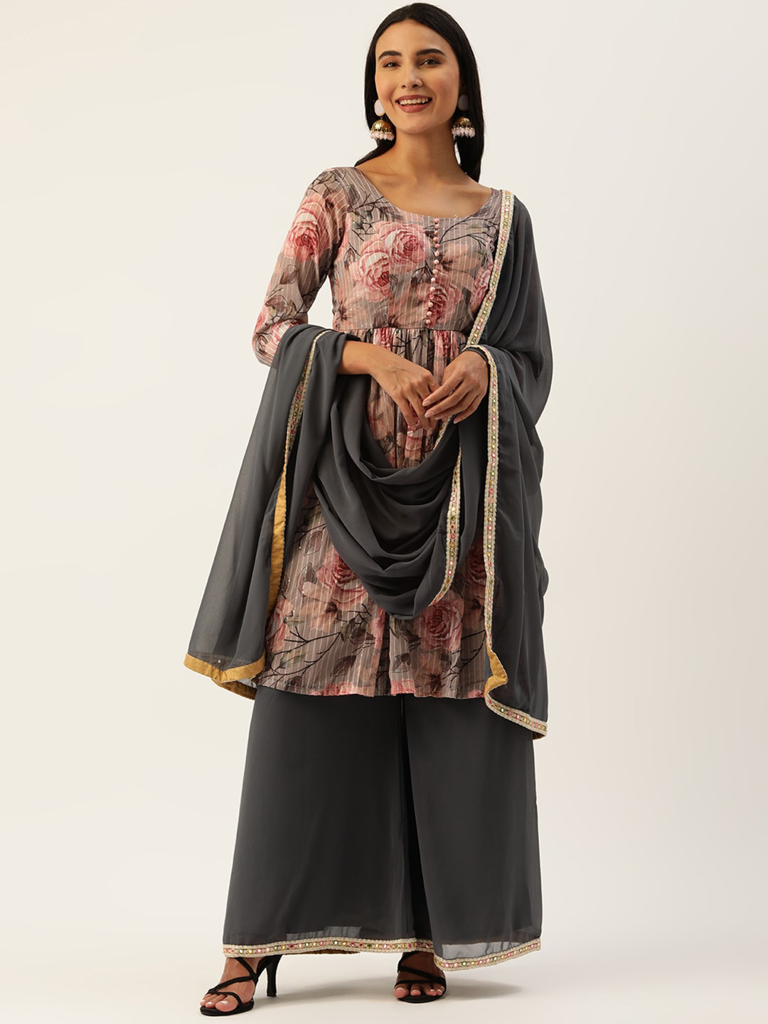 

Ethnovog Women Embroidered Kurta Set With Dupatta, Grey