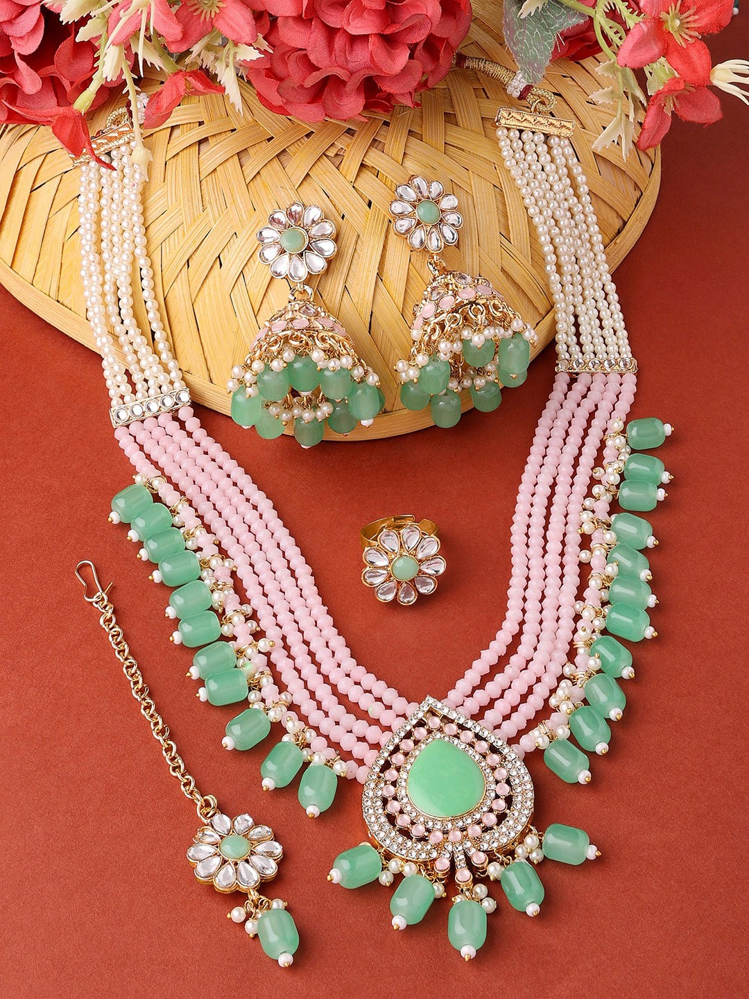 

Zaveri Pearls Gold-Plated & Stone-Studded Jewellery Set, Pink