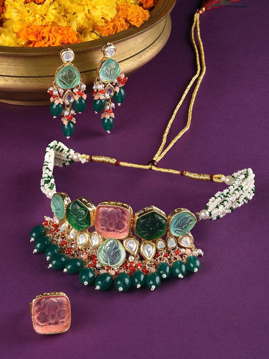 

Zaveri Pearls Gold-Plated Stone Studded Jewellery Set