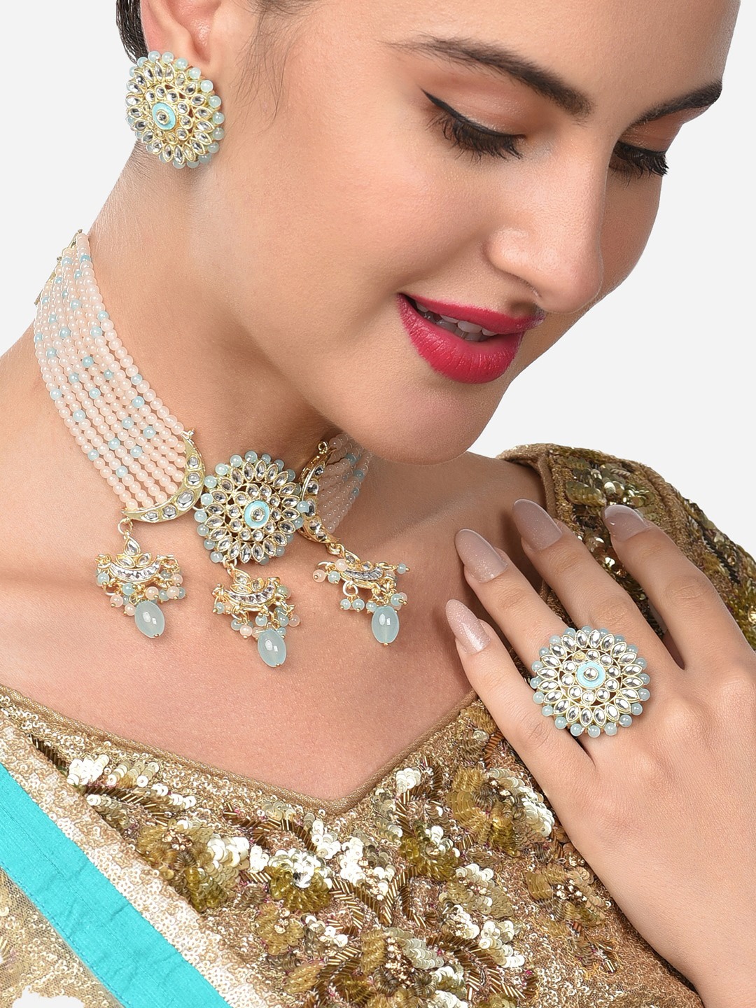 

Zaveri Pearls Gold-Plated Kundan-Beaded Choker Jewellery Set