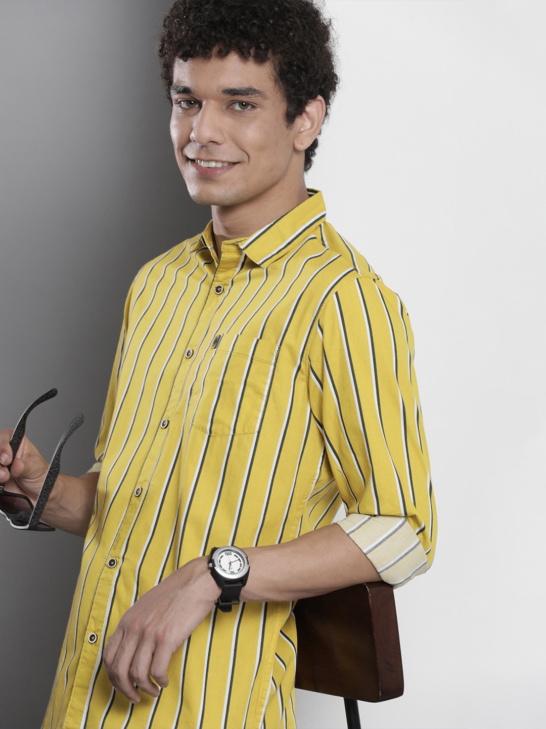 

The Indian Garage Co Men Mustard Yellow & Green Striped Cotton Casual Shirt