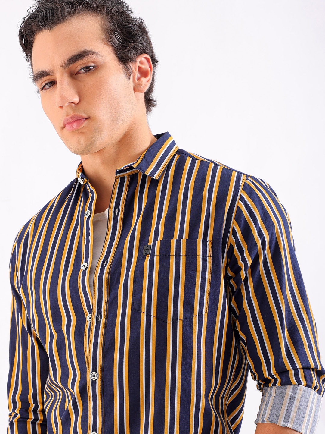 

The Indian Garage Co Men Navy Blue & Yellow Striped Cotton Casual Shirt