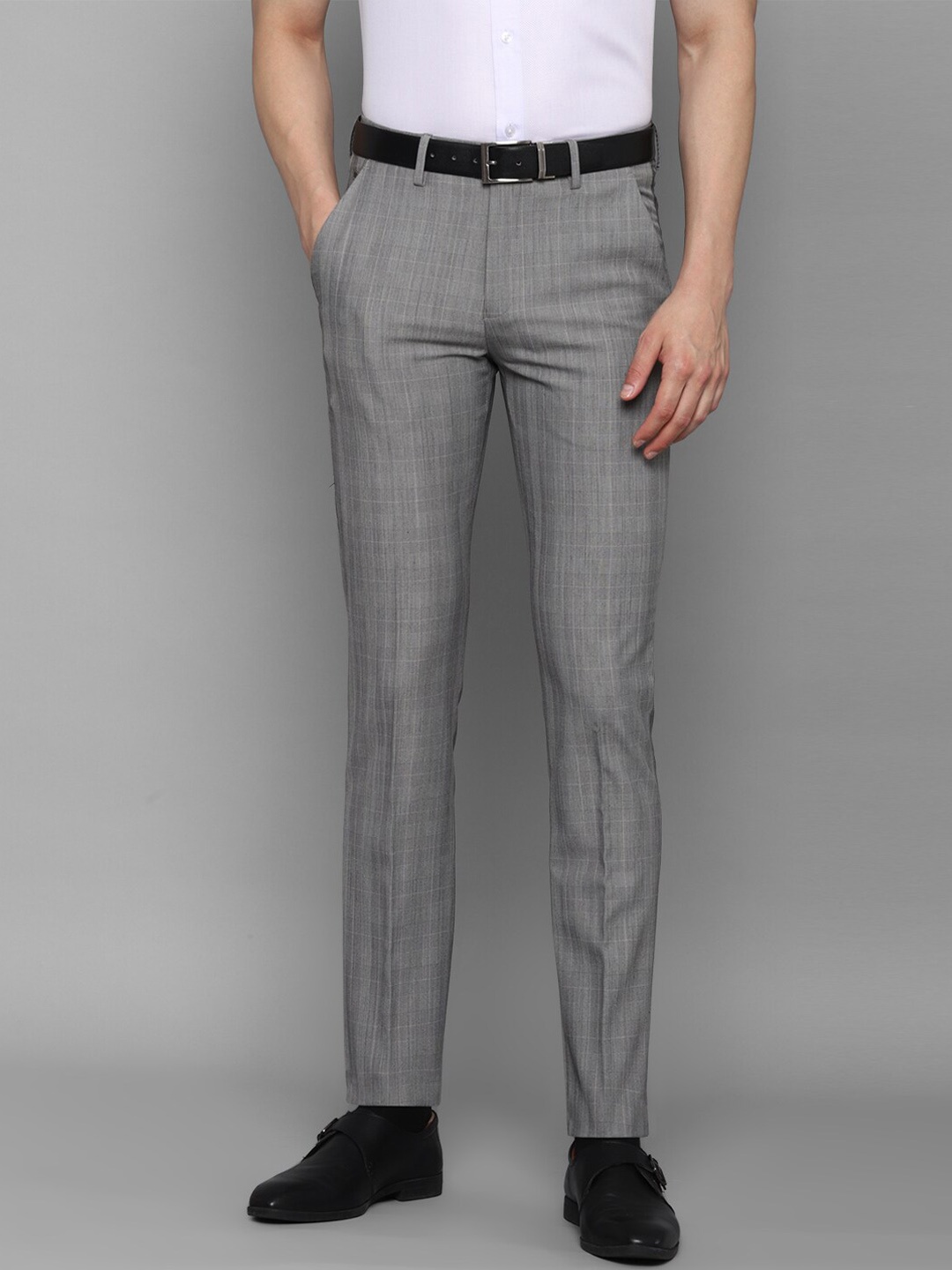 

Louis Philippe Men Grey Checked Polyester Slim Fit Formal Trousers