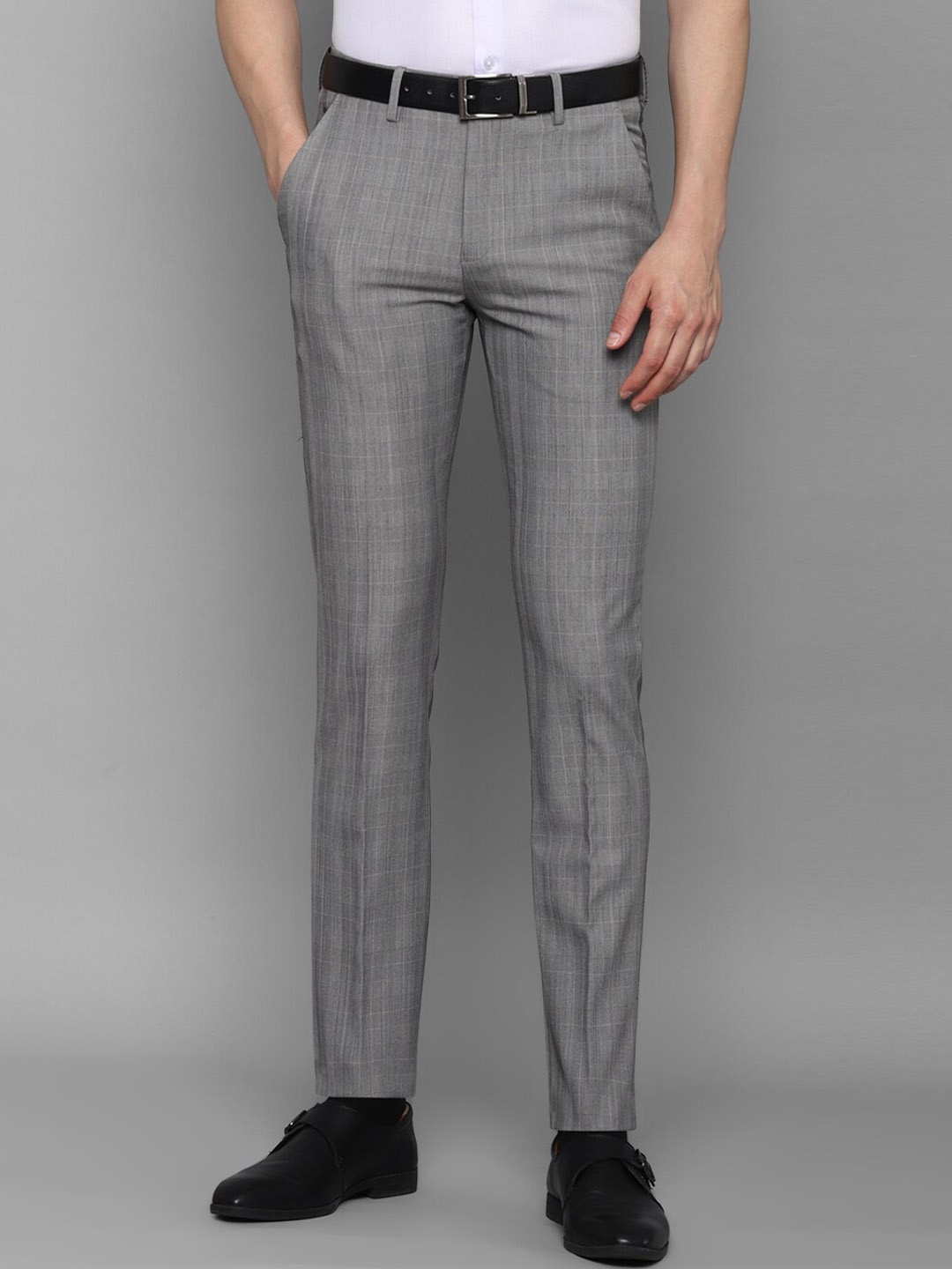 

Louis Philippe Men Grey Checked Polyester Slim Fit Formal Trousers