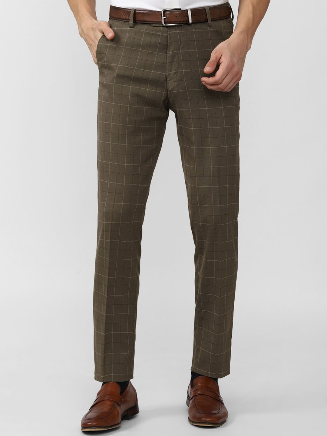 

Peter England Men Olive Green Checked Slim Fit Formal Trousers