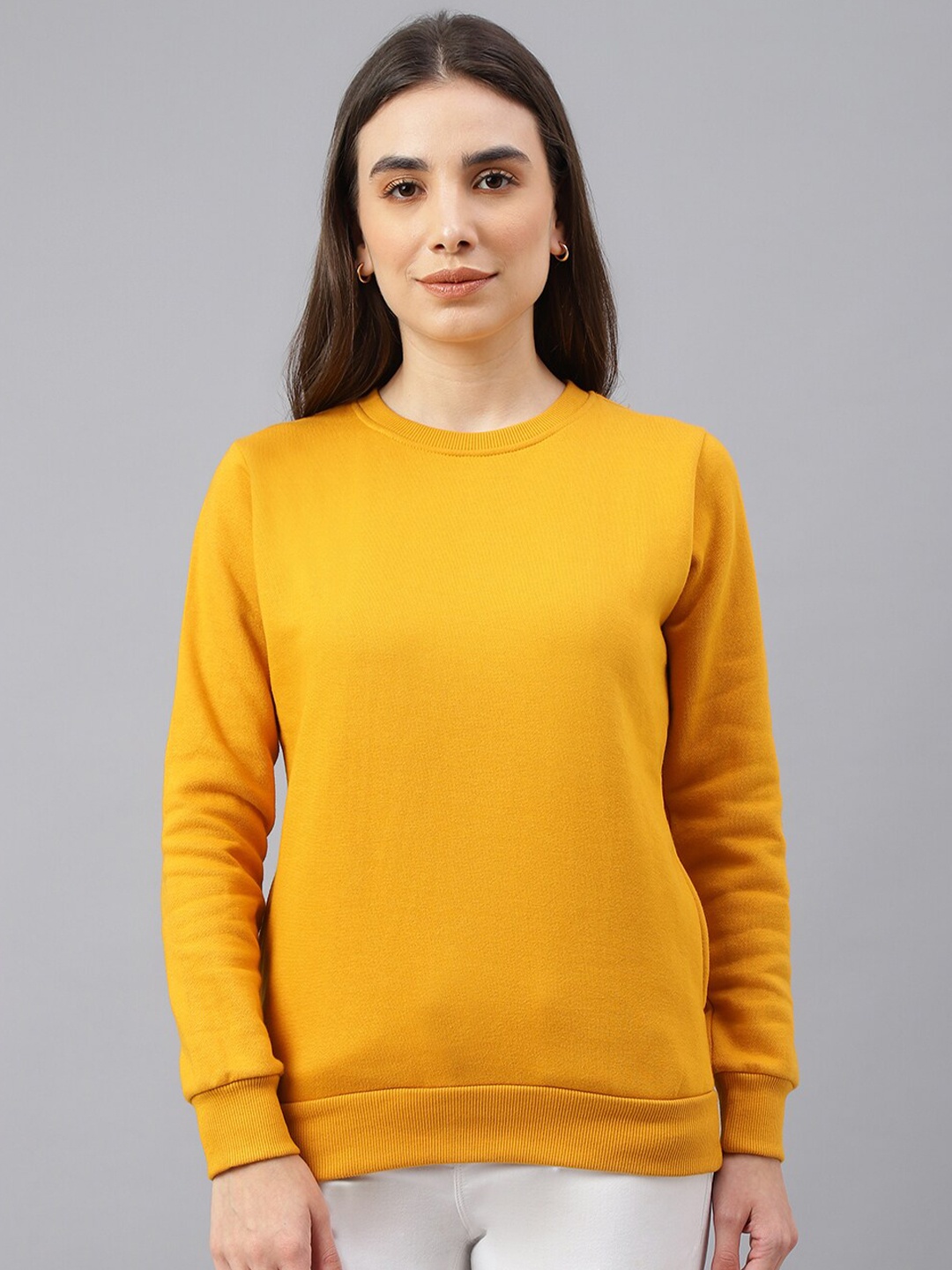 

BESIMPLE Women Solid Cotton Round Neck Sweatshirt, Mustard