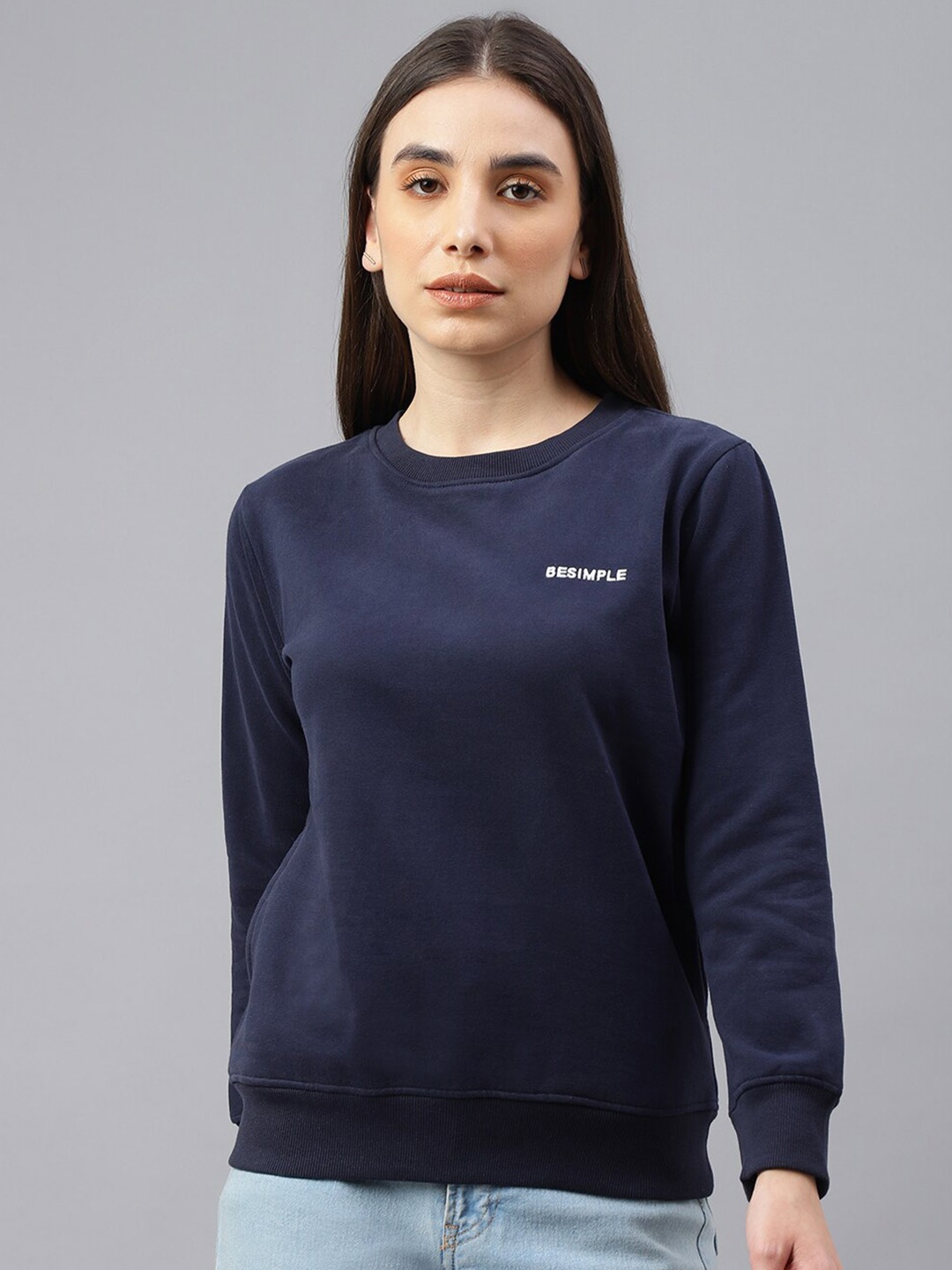 

BESIMPLE Women Solid Sweatshirt, Navy blue