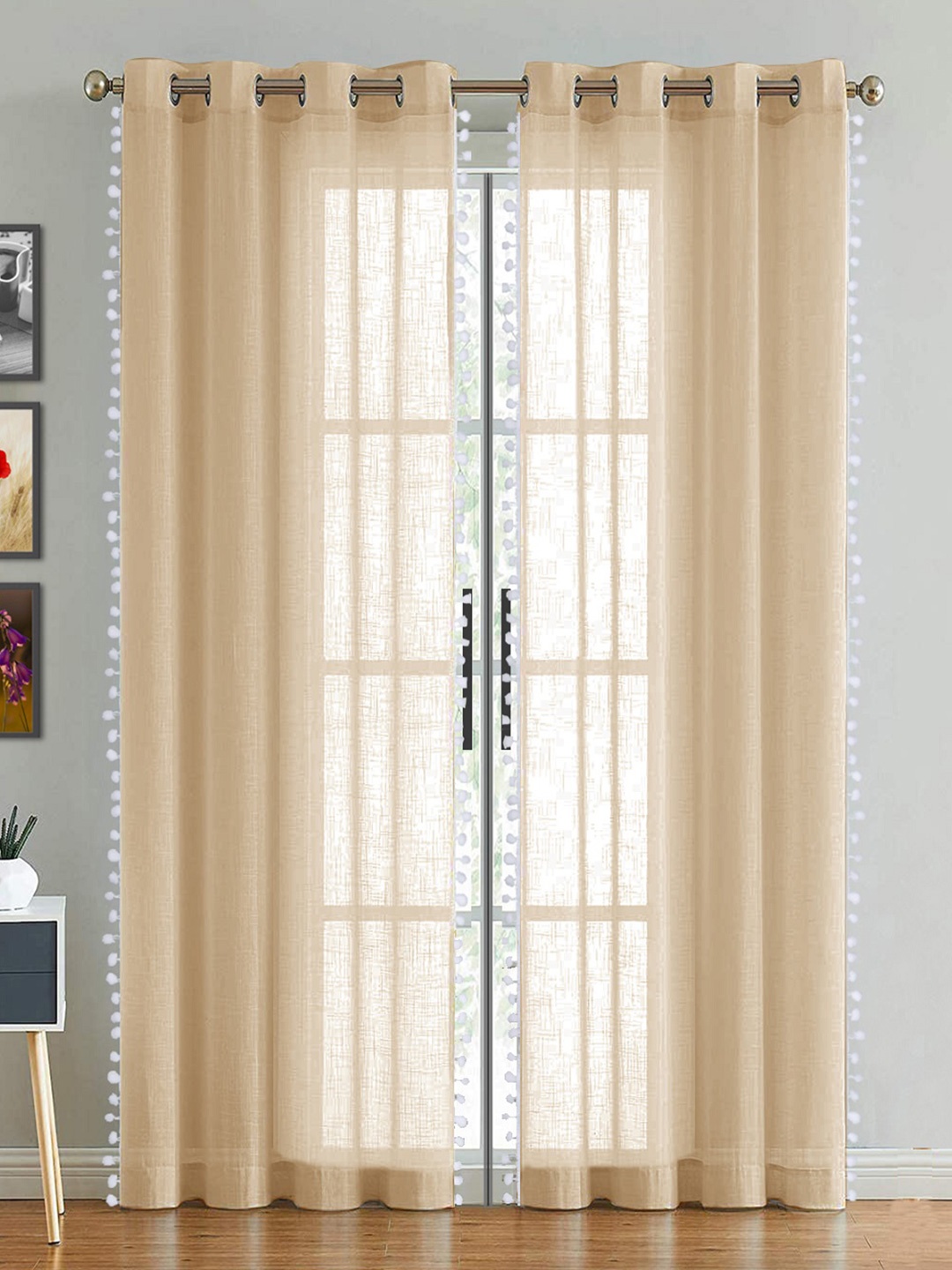 

HOMEMONDE Sheer Border Pompom Door Curtain, Beige