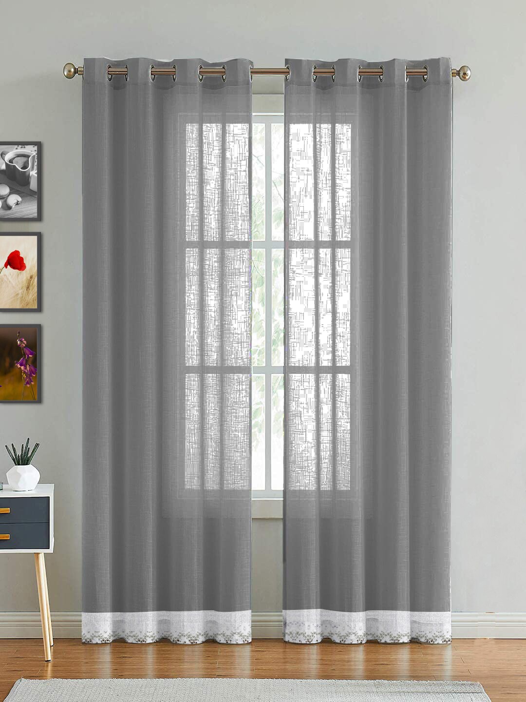 

HOMEMONDE Grey And White Lace Detail Cotton Sheer Door Curtain