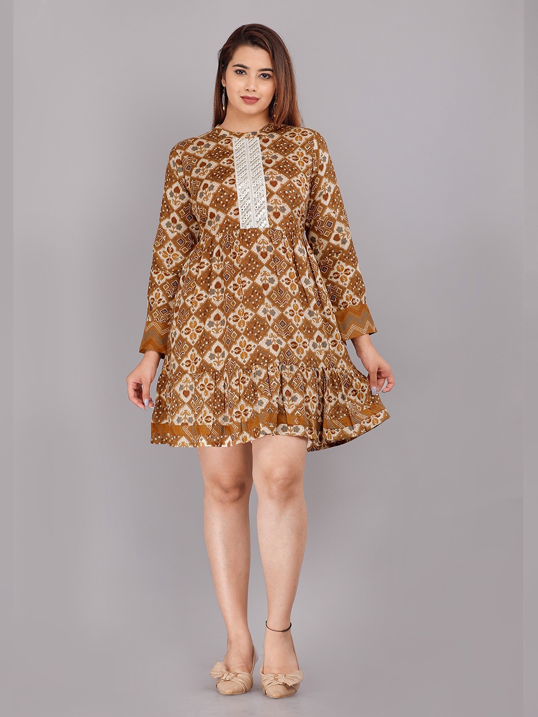 

KALINI Brown And White Ethnic Motifs Print Cotton Cambric Round Neck Ethnic Dress