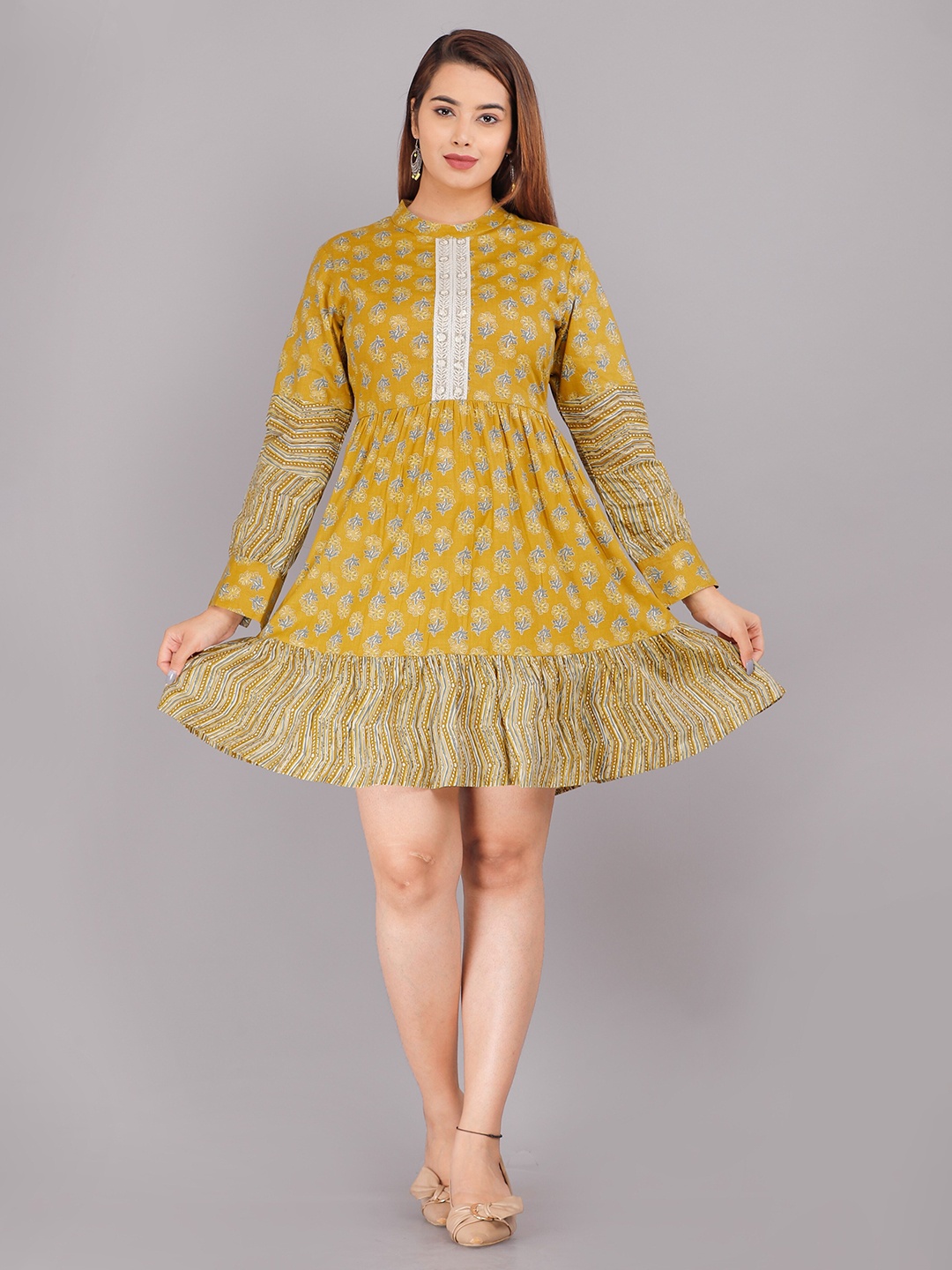 

KALINI Yellow & Blue Floral Ethnic Ethnic Dress