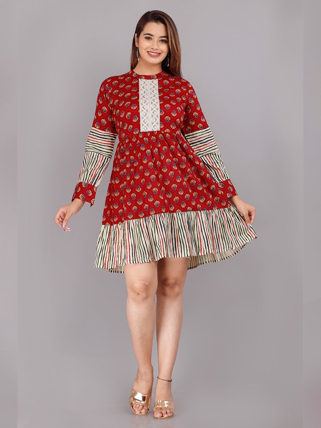

KALINI Women Mandarin Collar Floral Printed Tunic, Red