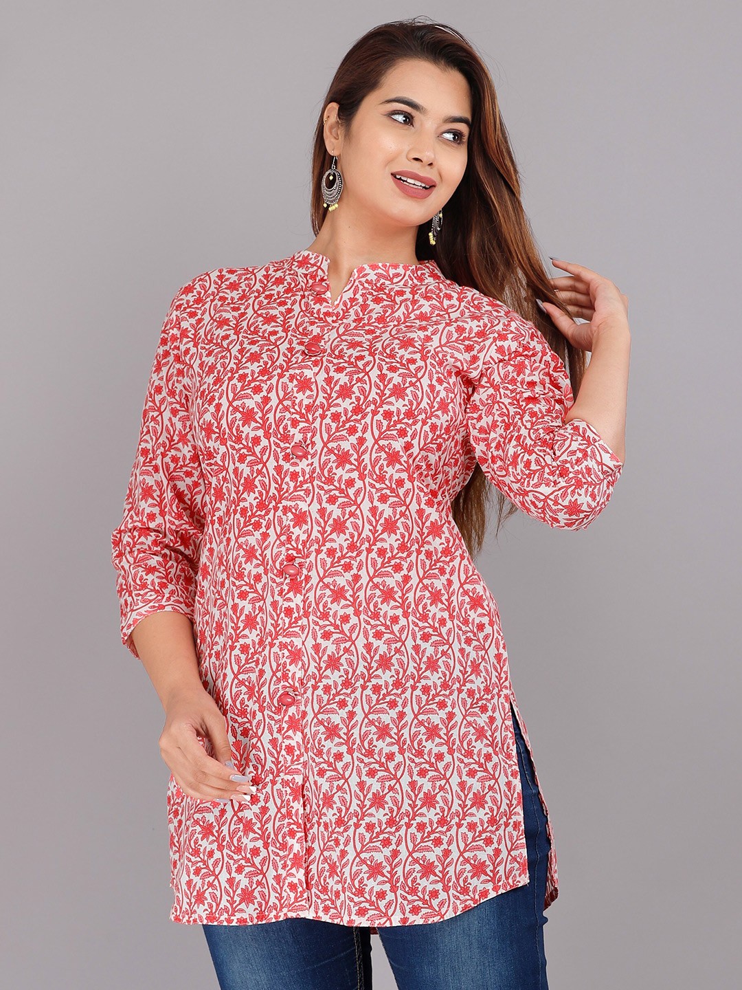 

KALINI Floral Print Mandarin Collar Top, Peach