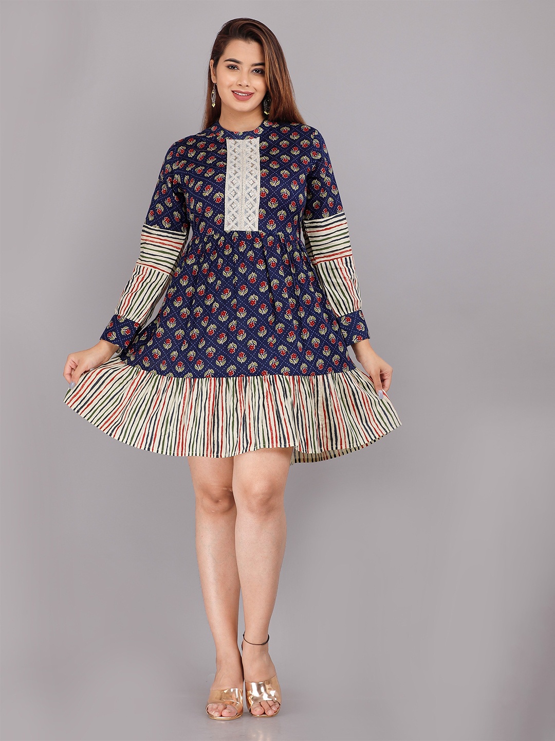 

KALINI Blue & White Floral Printed A-Line Dress