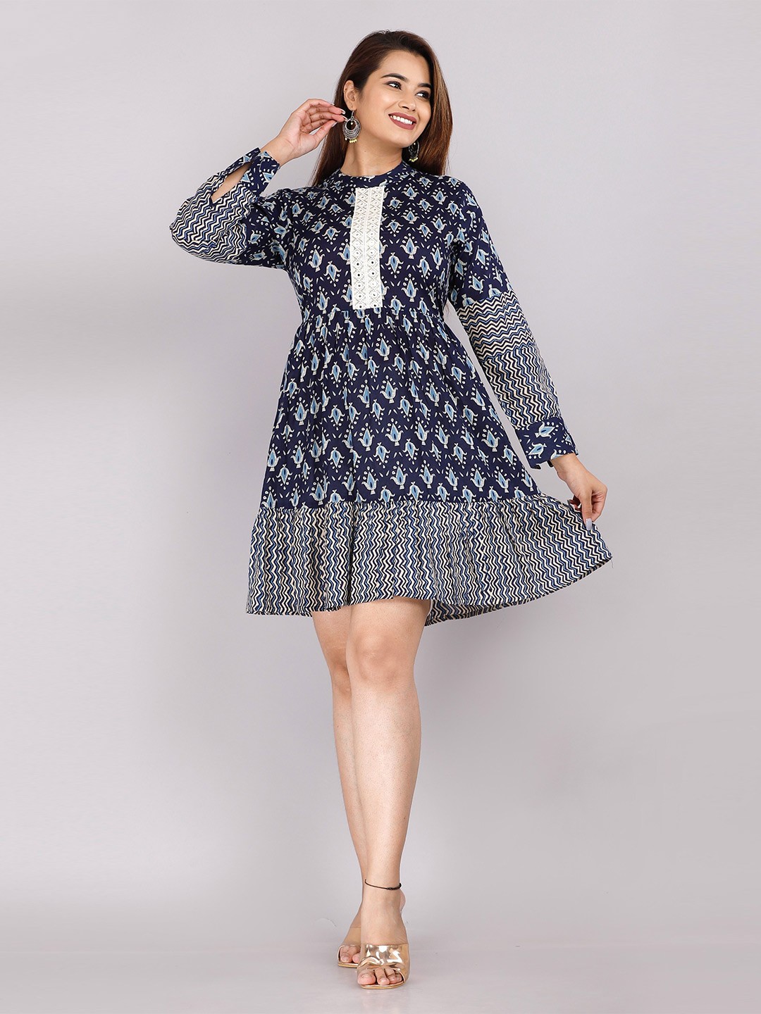 

KALINI Navy Blue & White Ethnic Motifs A-Line Dress