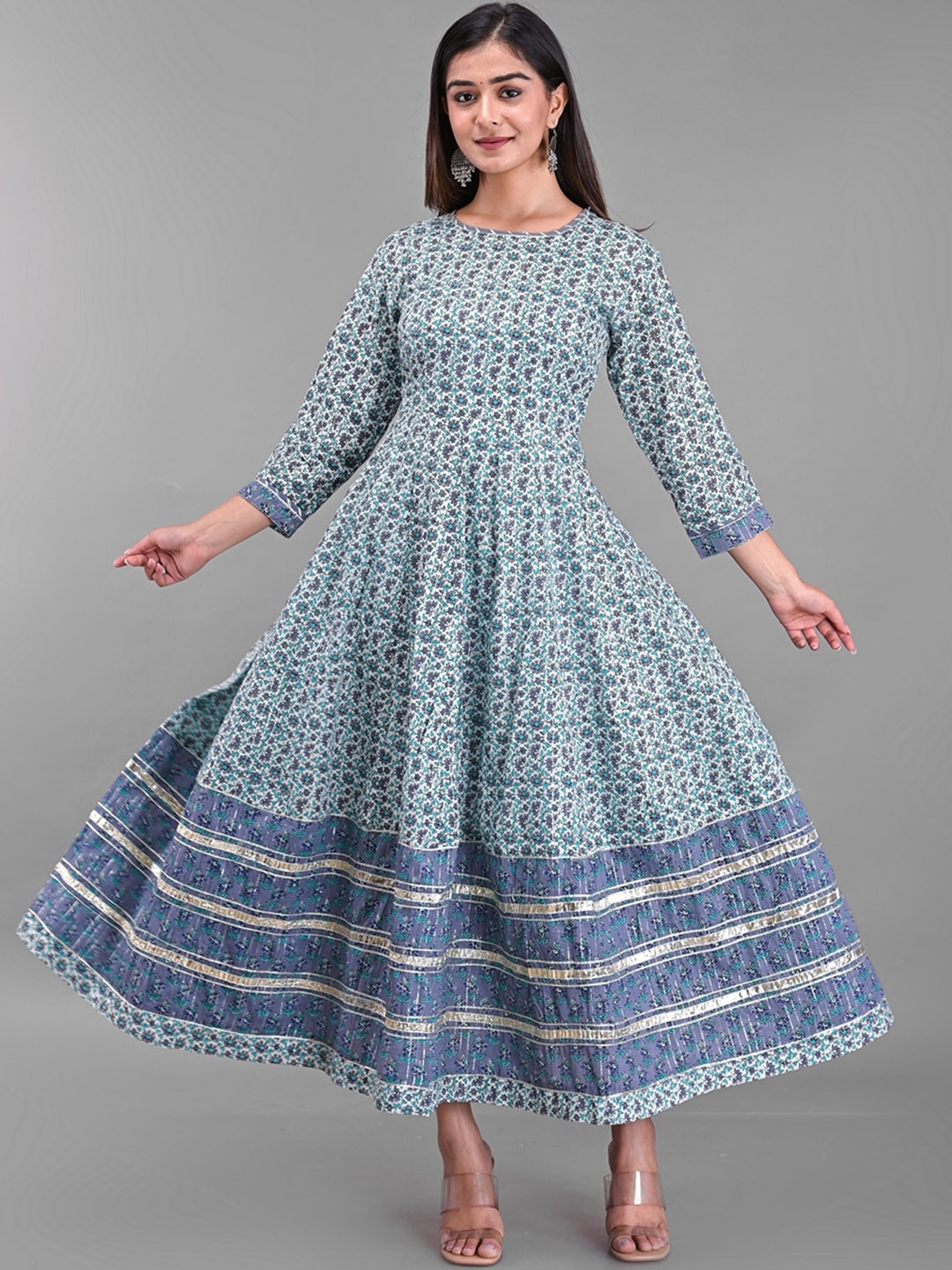 

EtnicaWear Women Blue Floral Printed Floral Pure Cotton Anarkali Kurta with Dupatta