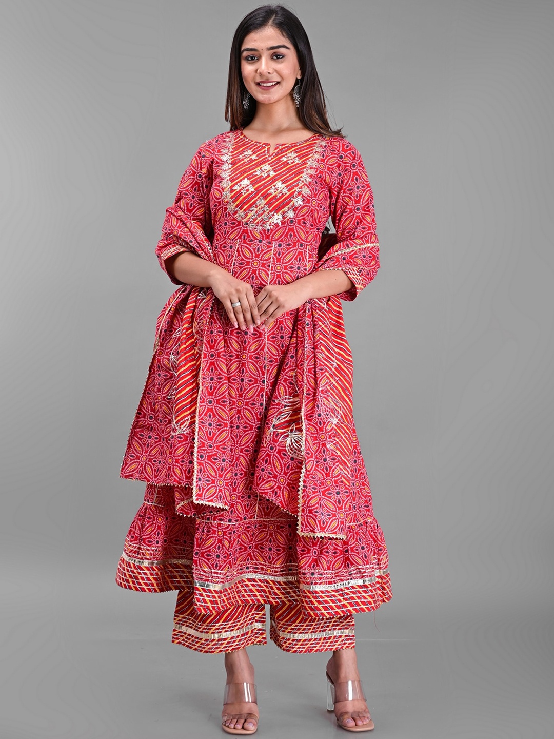 

EtnicaWear Women Bandhani Printed Pure Cotton Kurta with Palazzos & With Dupatta, Red