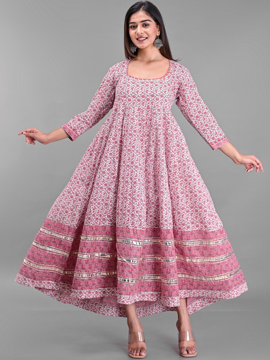 

EtnicaWear Women Pink Floral Printed Pure Cotton Anarkali Kurta With Dupatta