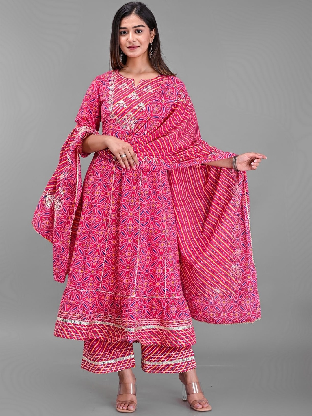 

EtnicaWear Women Floral Printed Empire Pure Cotton Kurta with Palazzos & With Dupatta, Pink