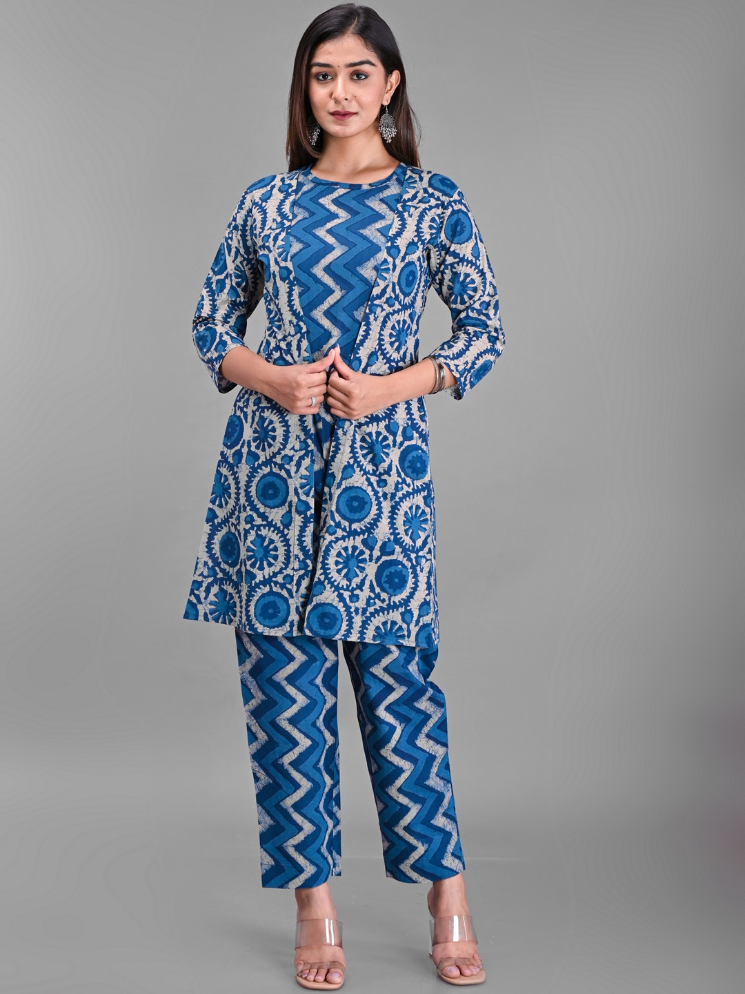 

EtnicaWear Printed Pure Cotton Top With Trousers & Jacket, Blue