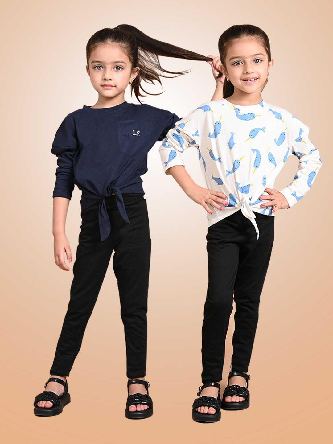 

LilPicks Girls White & Navy Blue Printed Top with Leggings Set