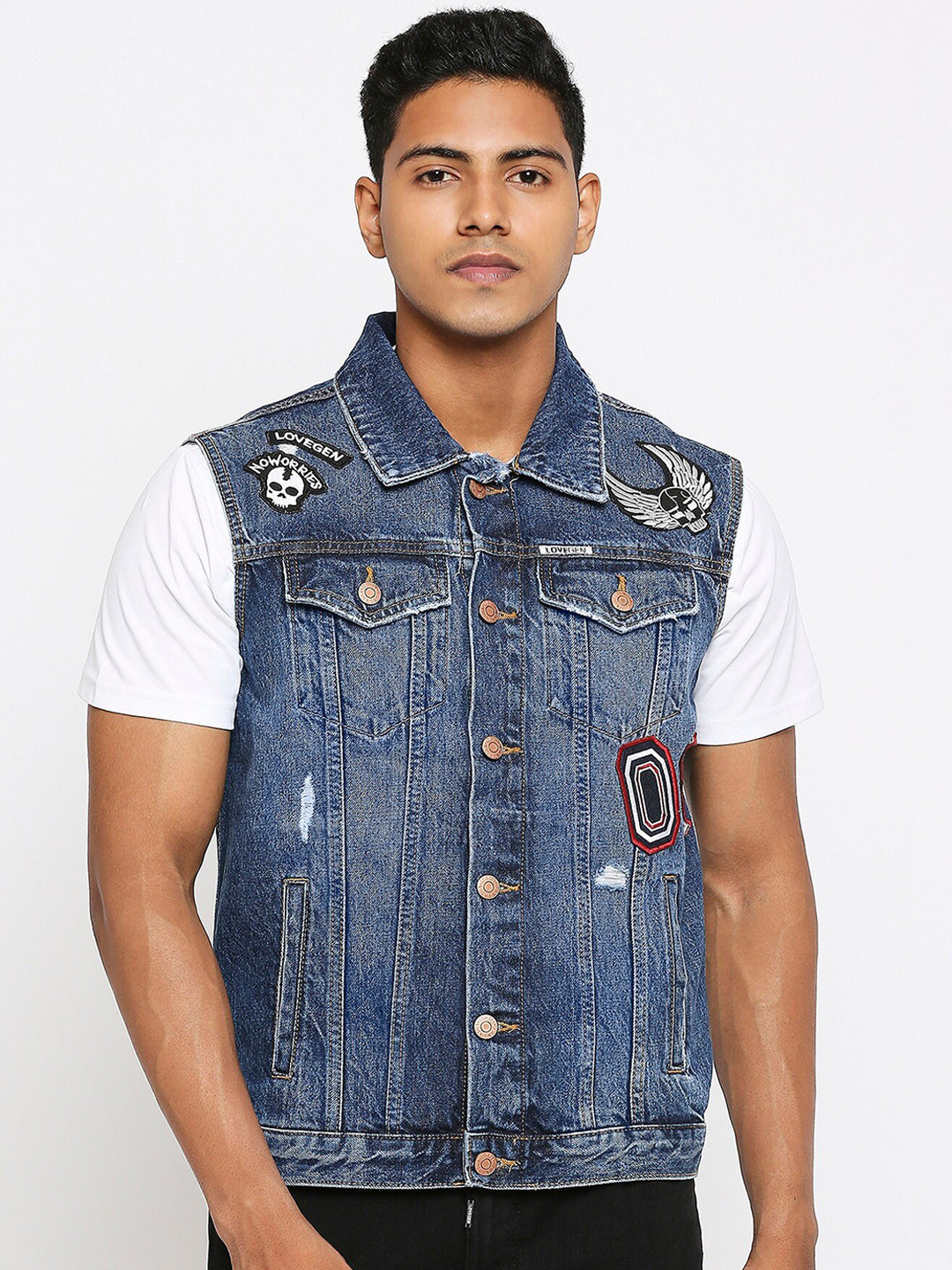 

LOVEGEN Men Washed Denim Jacket with Patchwork, Blue