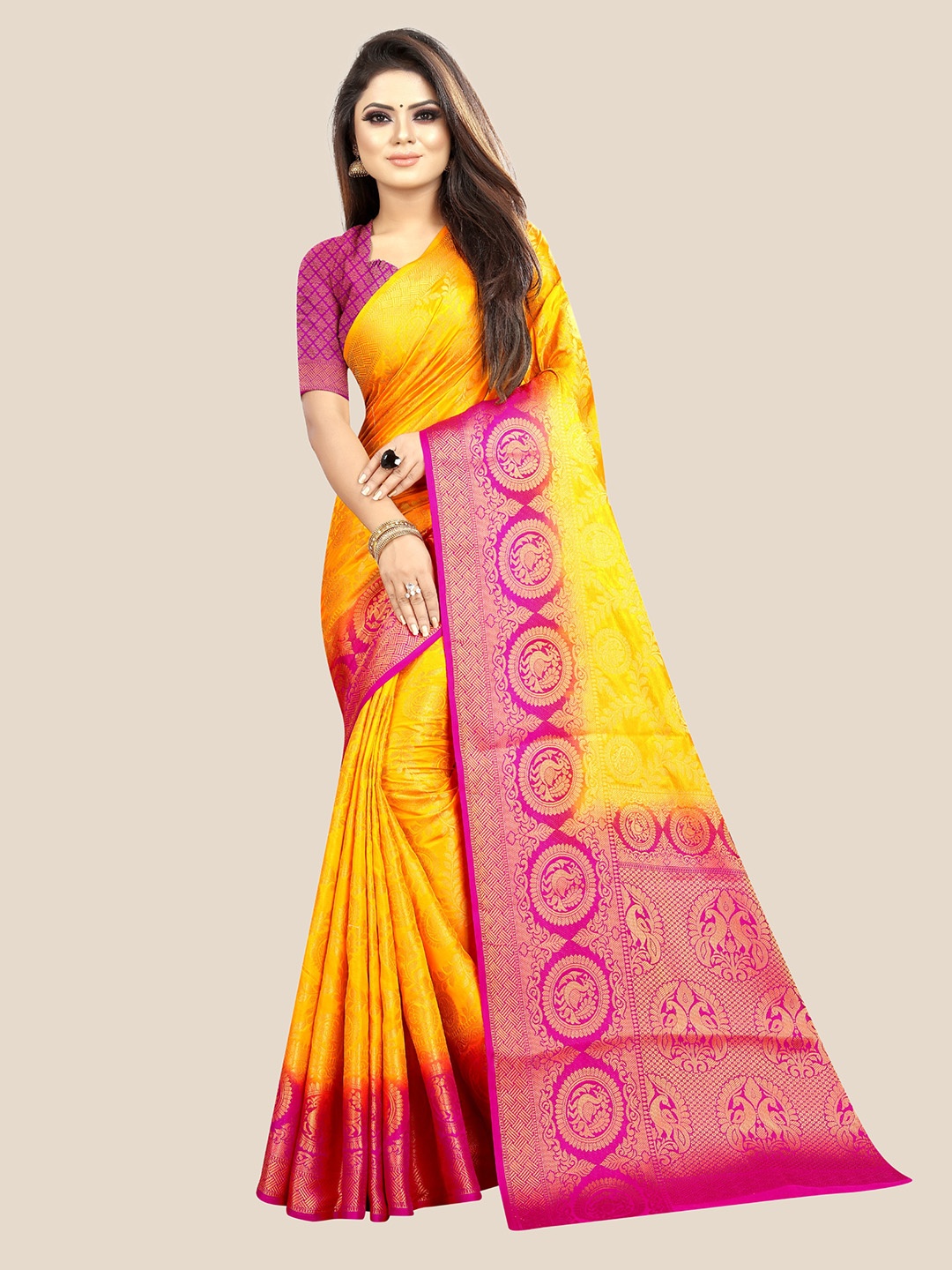 

Paramparik Textile Yellow & Pink Woven Design Zari Art Silk Dharmavaram Saree