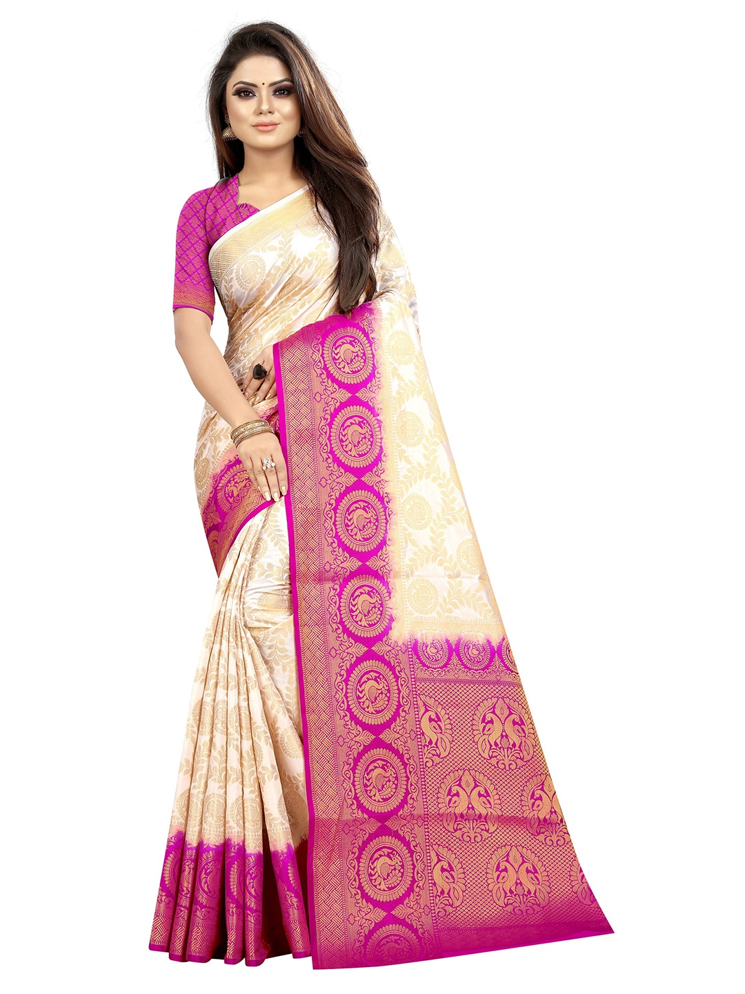 

Paramparik Textile White & Pink Woven Design Zari Art Silk Ready to Wear Dharmavaram Saree
