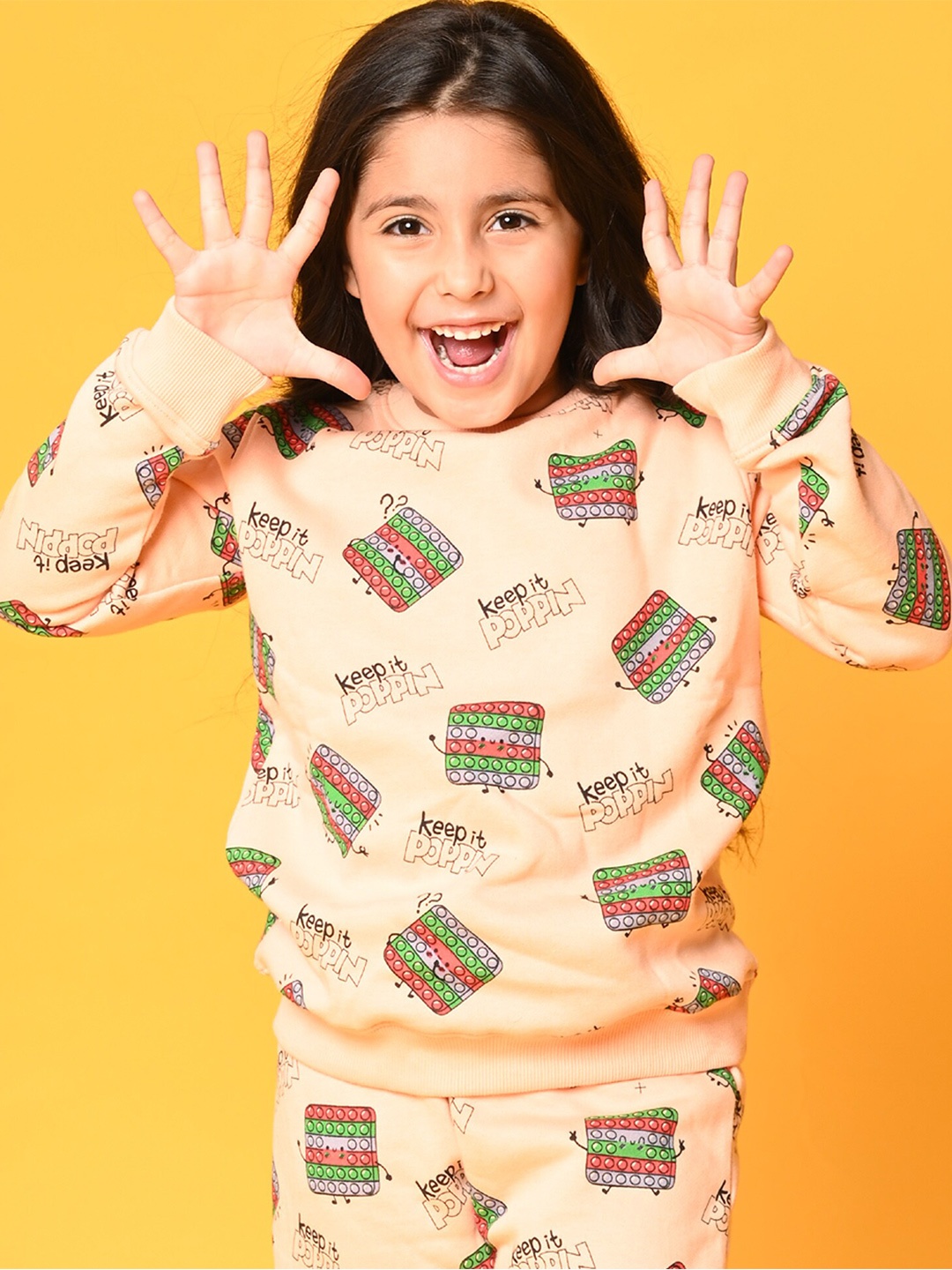 

Anthrilo Girls Peach & Green Printed Cotton Sweatshirt with Joggers