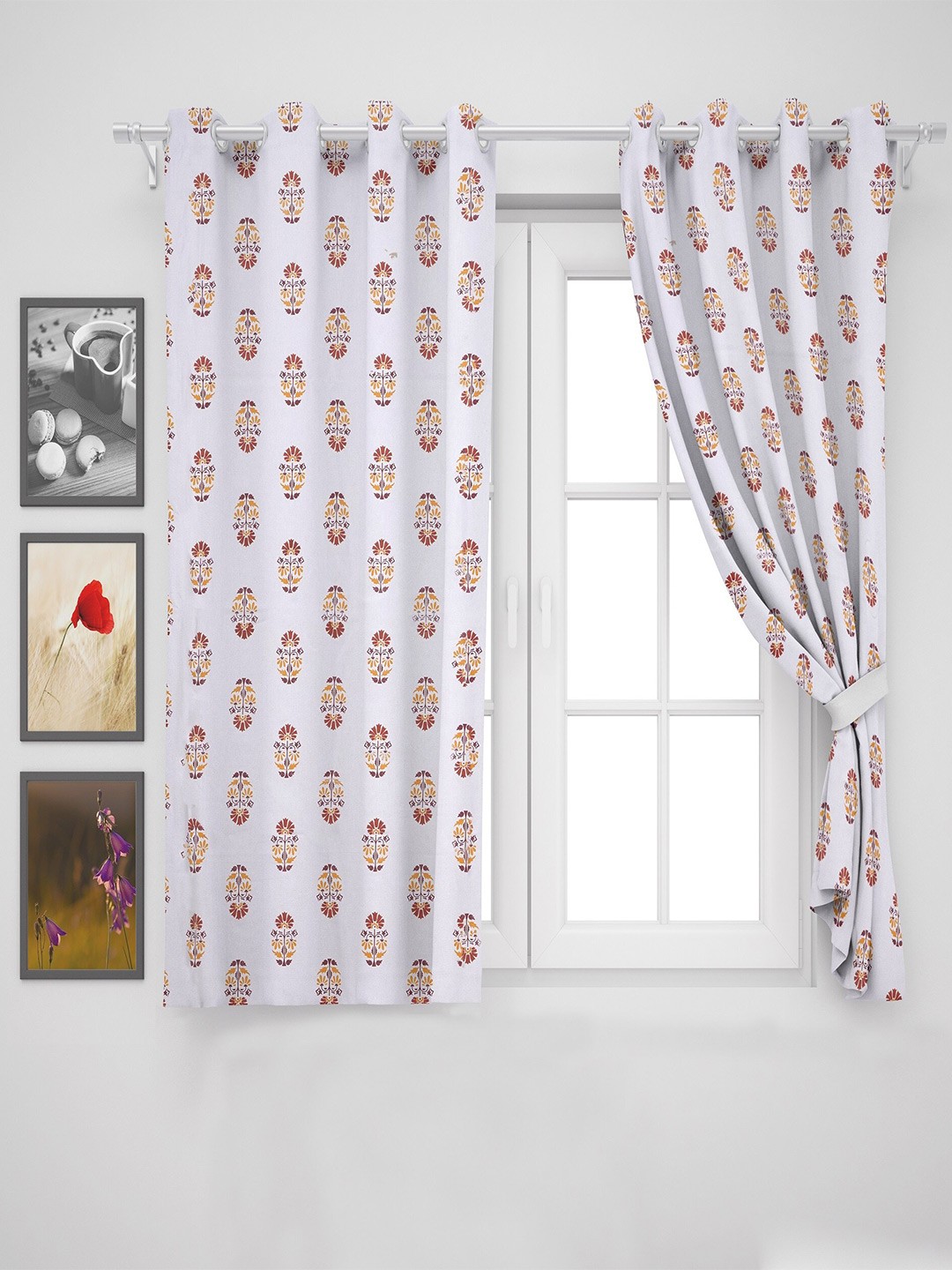 

HOMEMONDE White & Mustard Floral Window Curtain