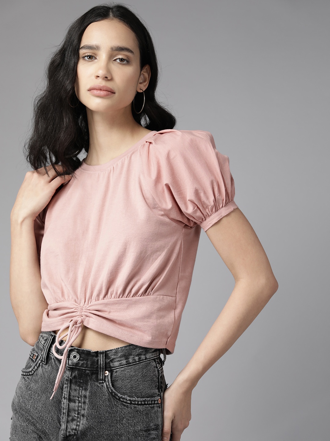 

The Roadster Lifestyle Co. Solid Ruched Crop Top, Rose