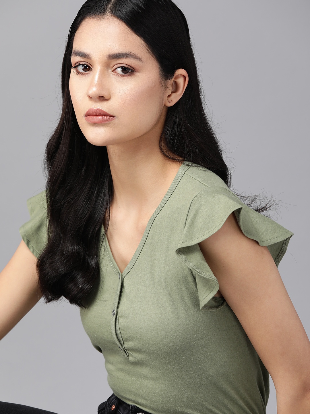 

The Roadster Lifestyle Co. Flutter Sleeves Regular Top, Olive