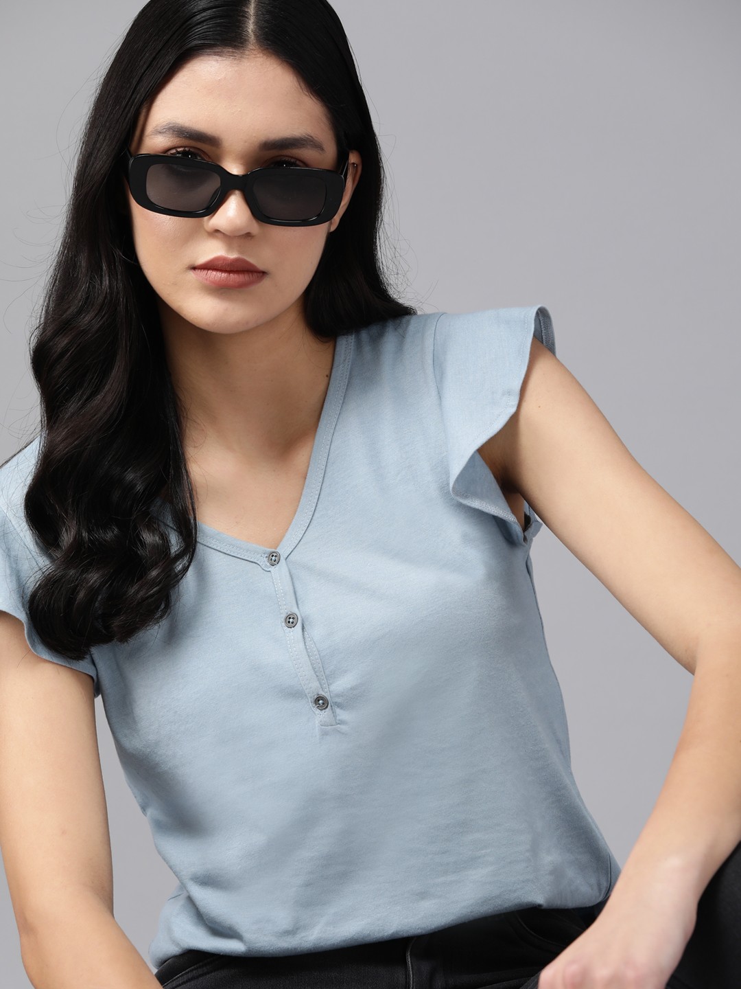 

The Roadster Lifestyle Co. Flutter Sleeves Regular Top, Blue