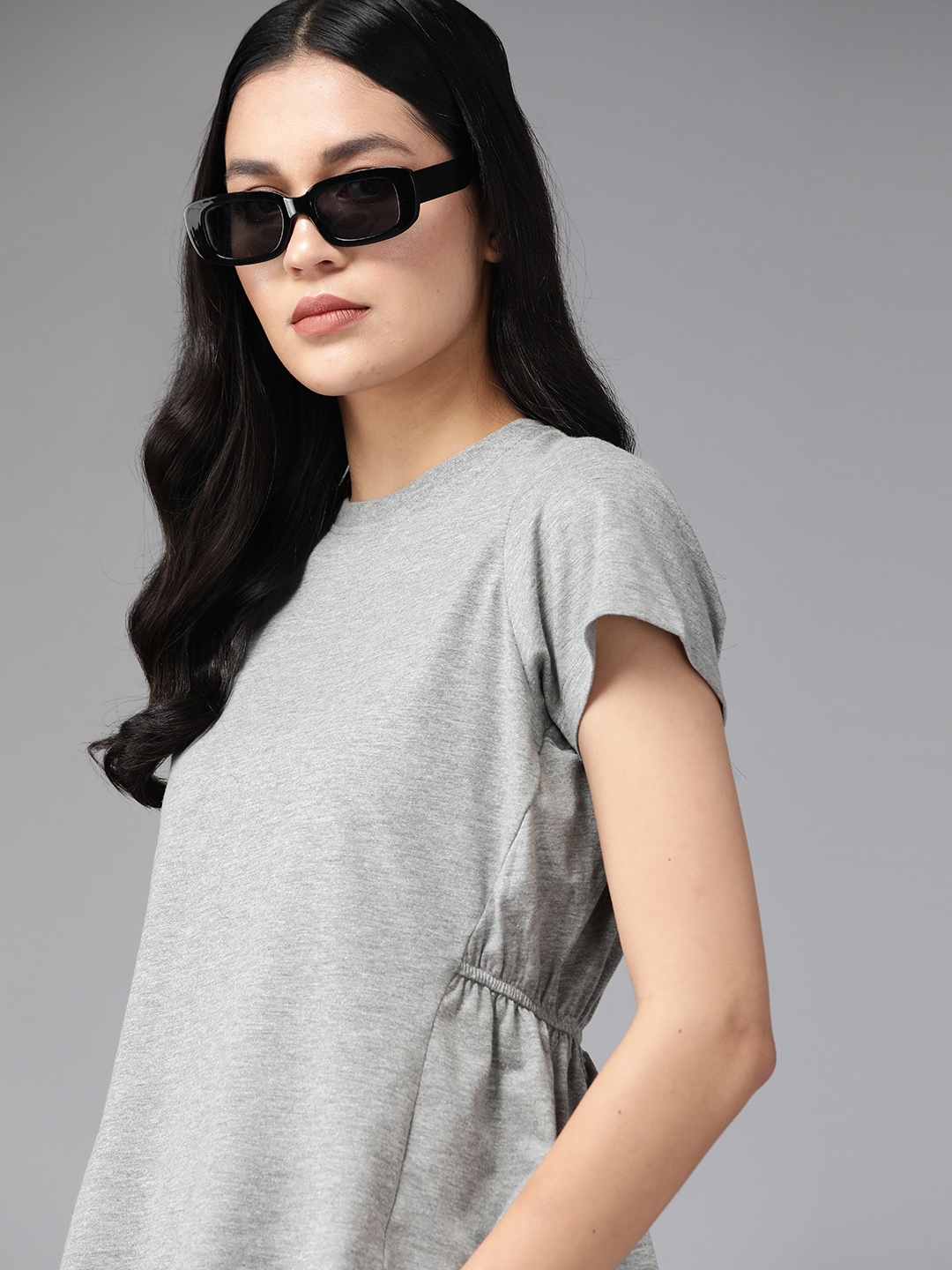 

The Roadster Lifestyle Co. Cinched Waist Top with Gathered Detail, Grey melange