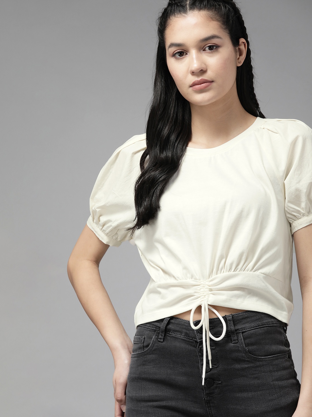 

The Roadster Lifestyle Co. Balloon Sleeves Ruched Top, Off white