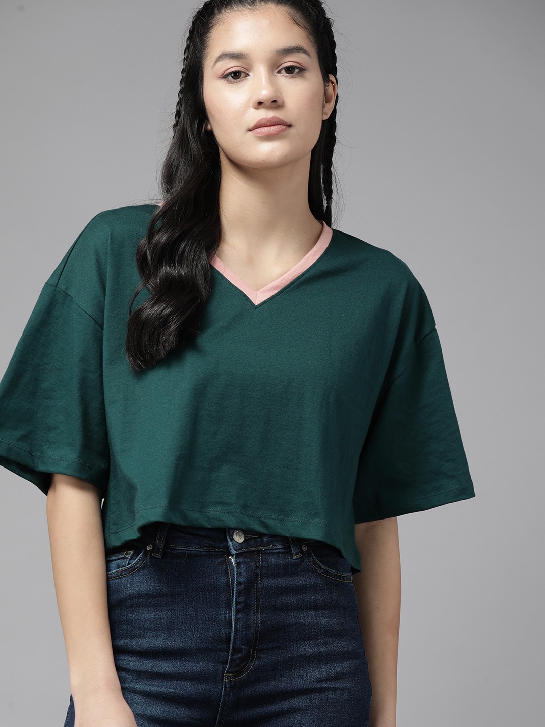 

The Roadster Lifestyle Co. Women V-Neck Drop-Shoulder Sleeves Boxy Fit T-shirt, Green