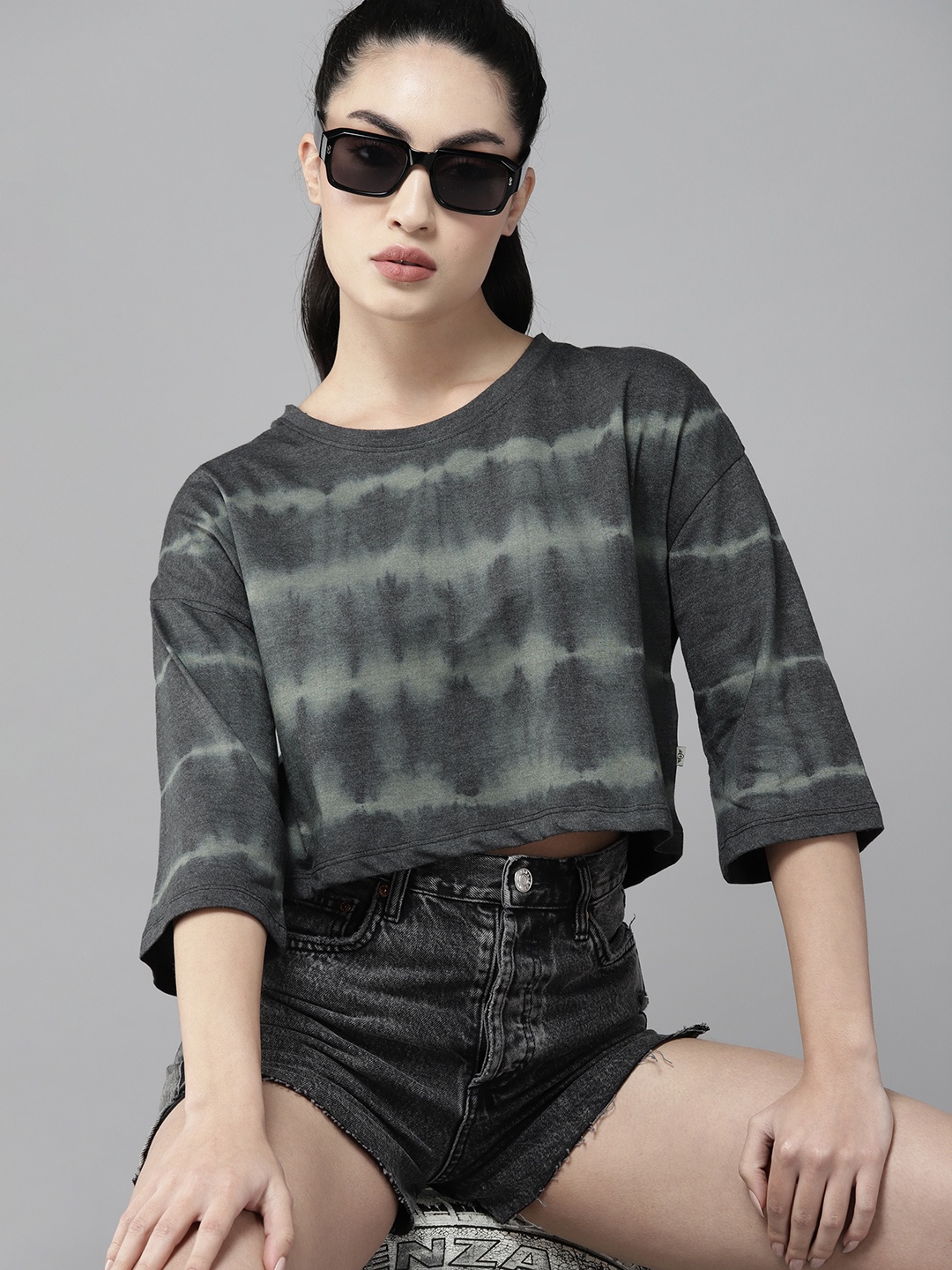 

The Roadster Lifestyle Co. Tie and Dye Printed Crop Boxy T-shirt, Olive
