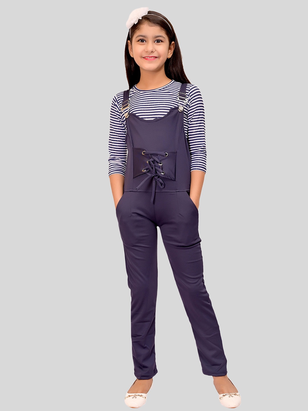 

Elendra jeans Girls Blue & White Solid Slim Fit Dungaree With Striped T-Shirt