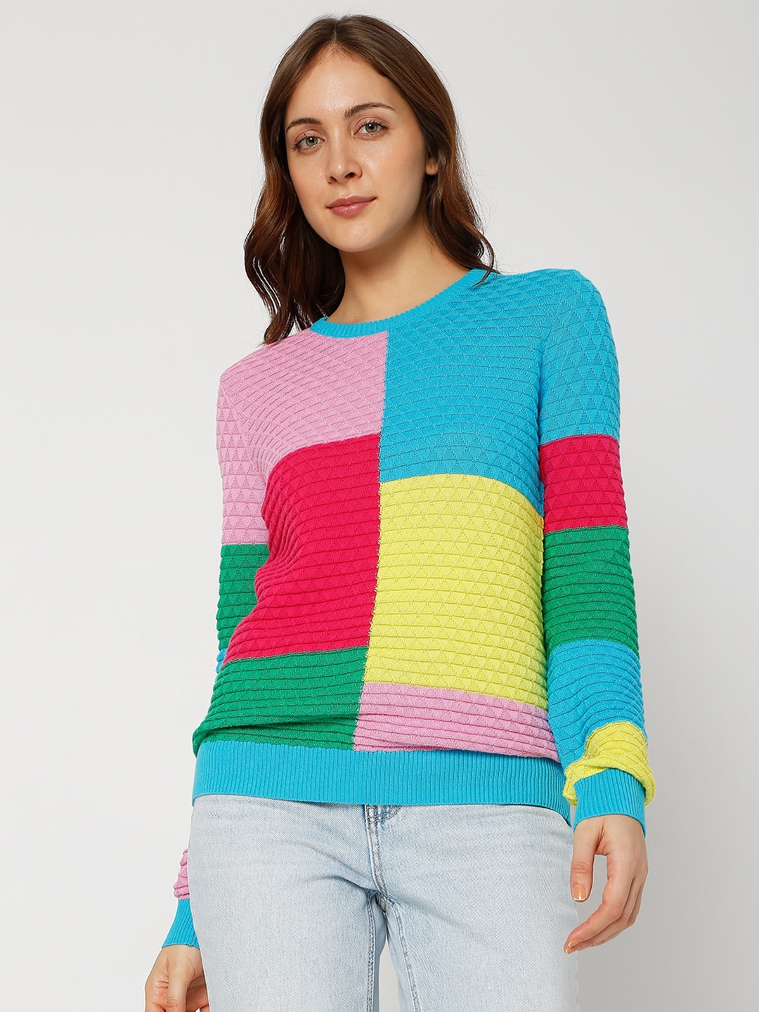 

Vero Moda Women Blue & Yellow Colourblocked Pullover