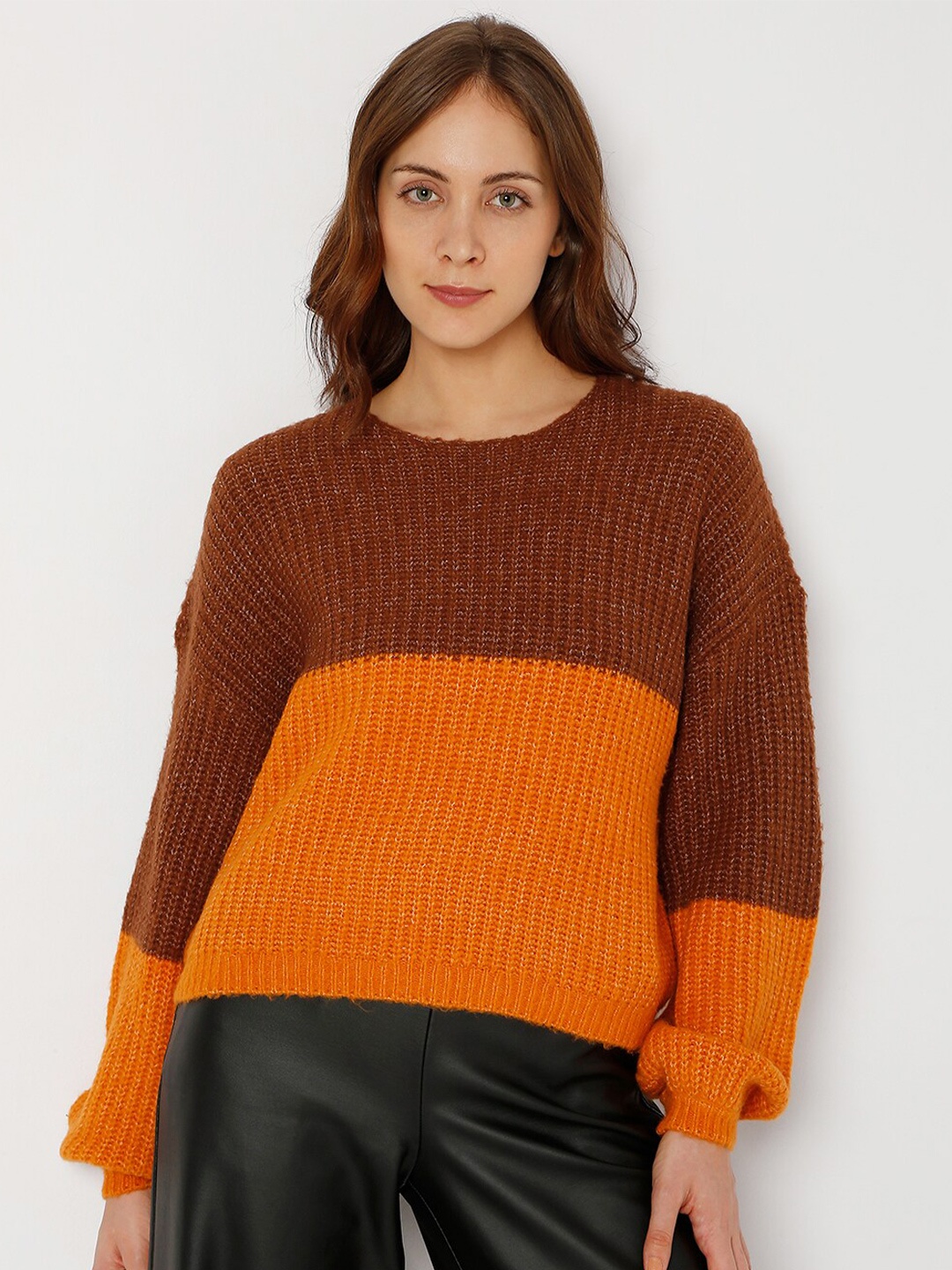 

Vero Moda Women Brown & Orange Colourblocked Pullover Sweater