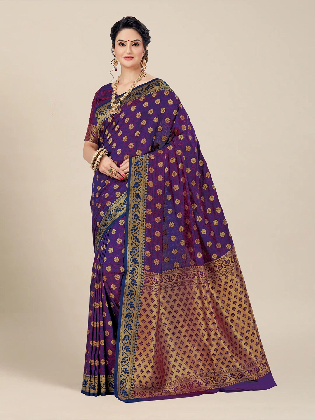 

MS RETAIL Purple & Copper-Toned Woven Design Zari Silk Blend Kanjeevaram Saree