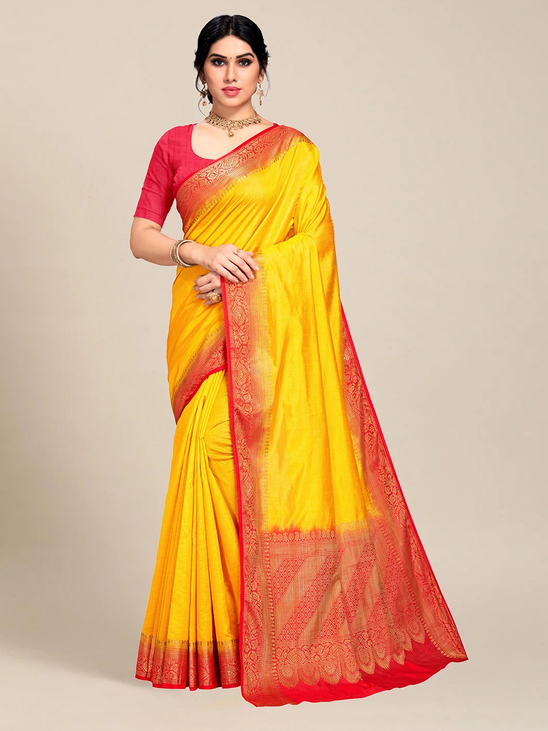 

MS RETAIL Yellow & Red Zari Silk Blend Kanjeevaram Saree
