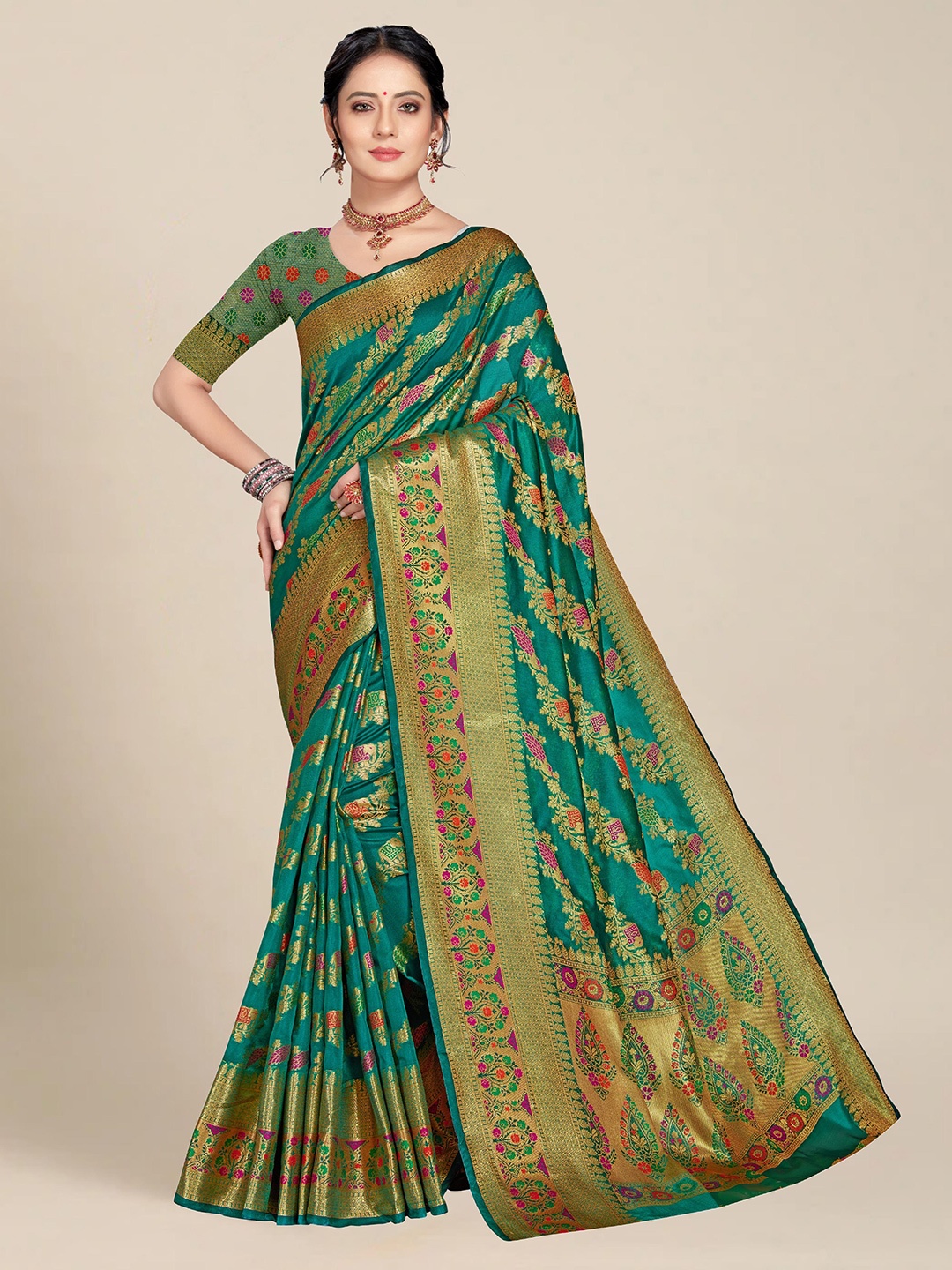 

MS RETAIL Green & Gold-Toned Woven Design Zari Organza Banarasi Saree